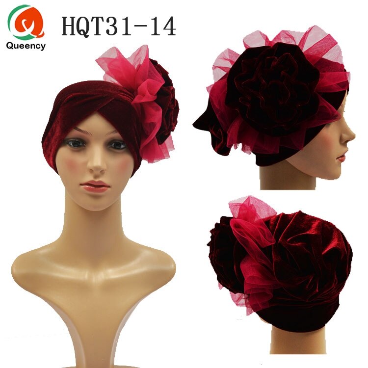 HQT31 Turban Nigeria cravate dames velours Tuban Gele casque musulman arabe Bonnet fleur chapeau pour mariage et fête: wine