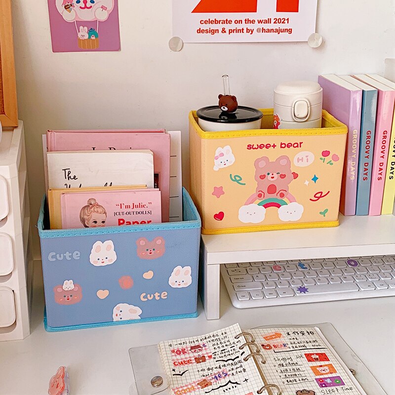 Cesta de almacenamiento de oso no tejido para niños, organizador de escritorio, caja de almacenamiento de artículos diversos, cestas plegables, soporte para papelería de oficina