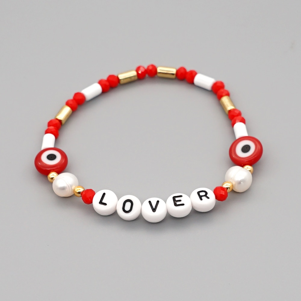 Shinus LOVER Letter Bracelets Enamel Tube Beaded Bracelet For Women Evil Eye Pearl Crystal Pulsera Mujer Summer Jewelry