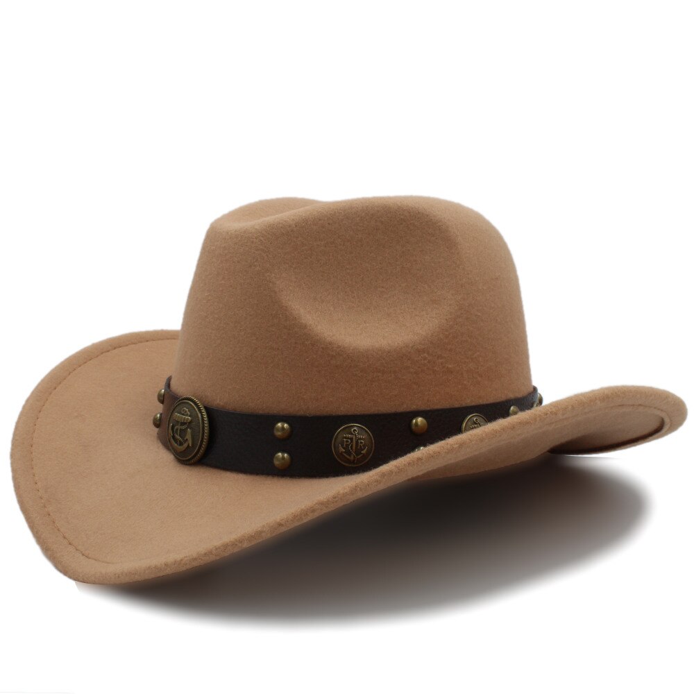Kvinders uld western cowboy hat roll-up brim lady fascinator jazz hestesport sombrero hombre fedora cap størrelse 56-58cm: Khaki