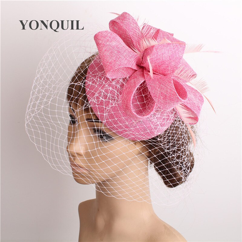 Bruid Bruiloft Witte Hoofddeksel Elegante Dames Mariage Mesh Tovenaar Hoed Fancy Veils Chapeau Cap Mode Kerk Hoofddeksels Womens: baby pink