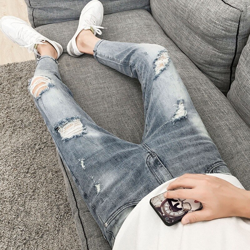 men's ripped jeans Slim fit feet all-match pants Korean style washed trendy beggar teenager pencil pants