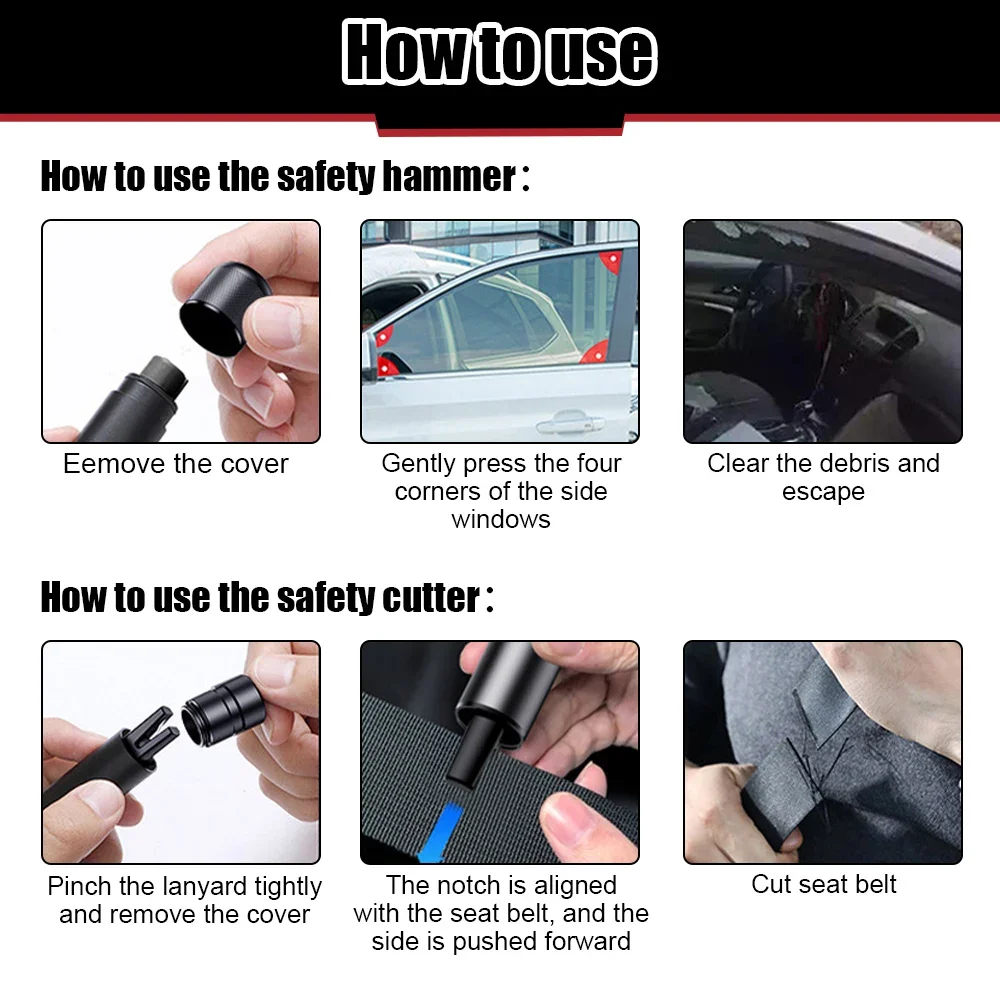 Emballage anglais complet pour grossiste Dropshipper 2 en 1, marteau de sécurité pour voiture, brise-verre d'urgence, outil de sauvetage pour couper la ceinture de sécurité