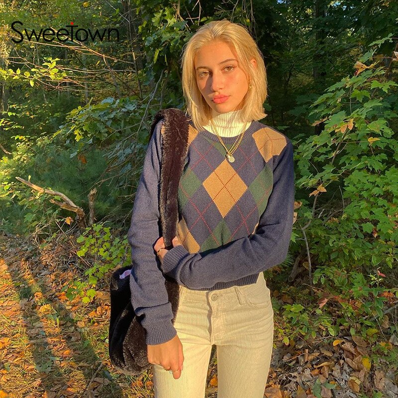 Sweetown Argyle Knitted Y2K Sweaters Women Preppy Style Vintage 90s Aesthetic Knitwear Pull Plaid Blue Pullover Jumpers Winter