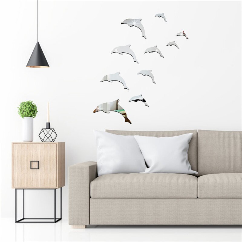 Wall Mirror Sticker Acrylic 3D Cute Dolphin Combination Mirror Effect Wall Sticker Decal Home Decor Bathroom Stickers Silver
