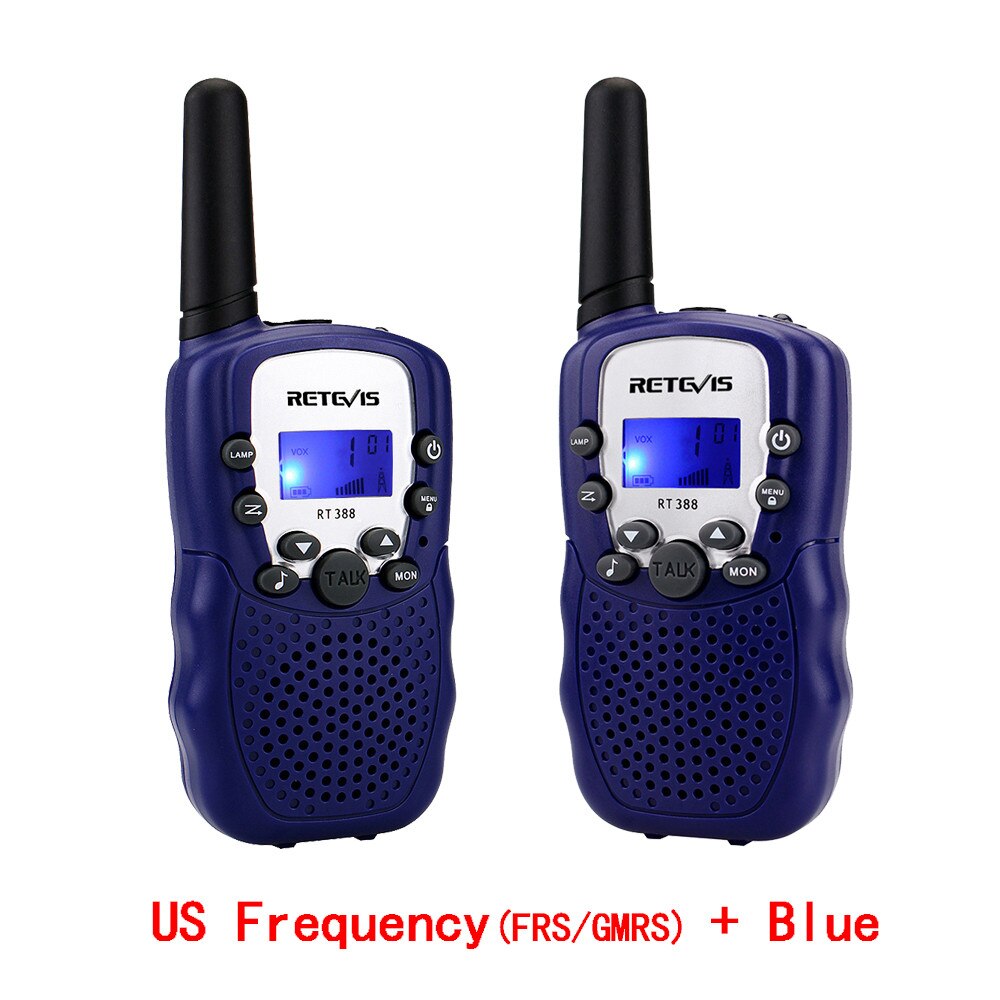 Mini rádio de duas vias para crianças, rádio duas peças de walkie talkie retevis rt388 pmr446 pmr frs/gmrs, transmissor prático para crianças headset woki toki + 2 peças: US Freq and Blue