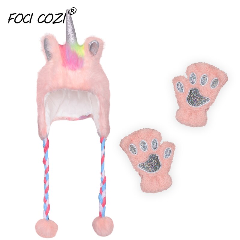 Unicorn Winter Hat Gloves Paws Unicorn Christmas For Girls Winter Faux Fur Hats Glove Set for Beanie Cosplay Photography: pink
