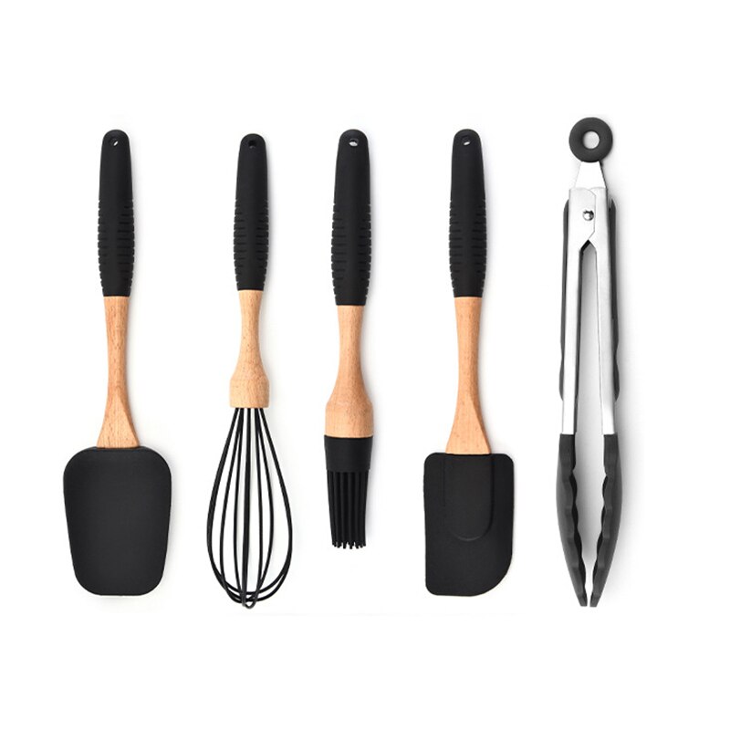 Silicone Cooking Tools Set Wood Turner Soup Spoon Spatula Brush Scraper Pasta Server Gloves Egg Beater Kitchen Utensils Kit Set
