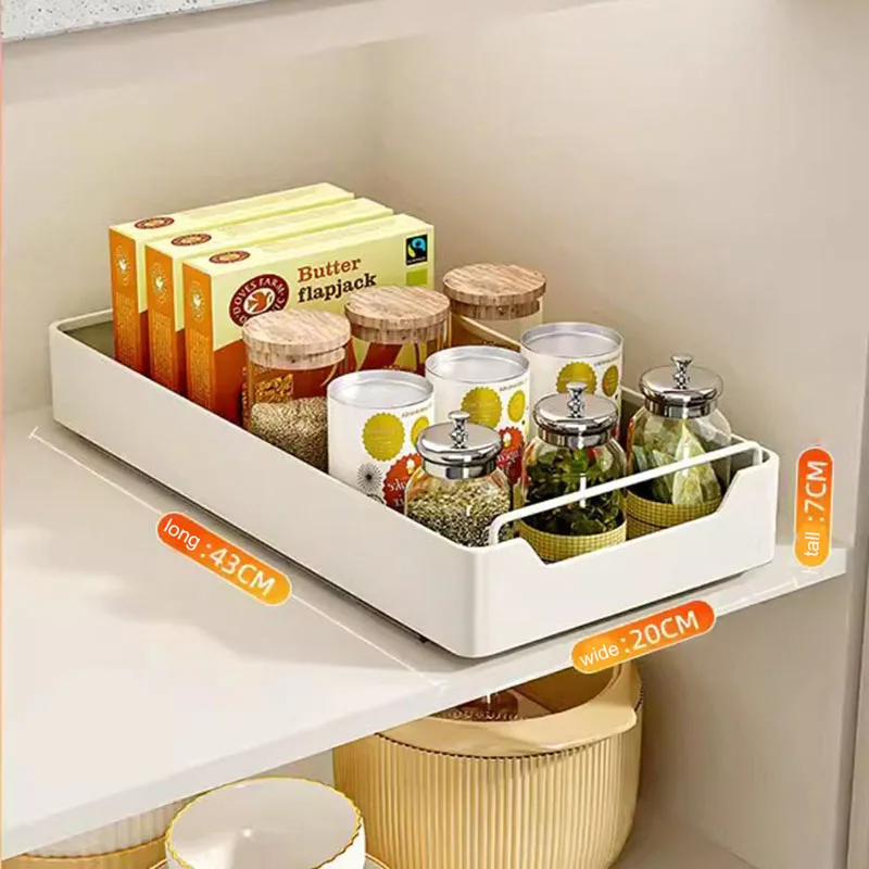 Kitchen Storage Box with Sliding Rail Pull-out Cabinet Storage Rack Spice Pantry Shelves Drawer Kitchen Organizer Basket: Light Grey