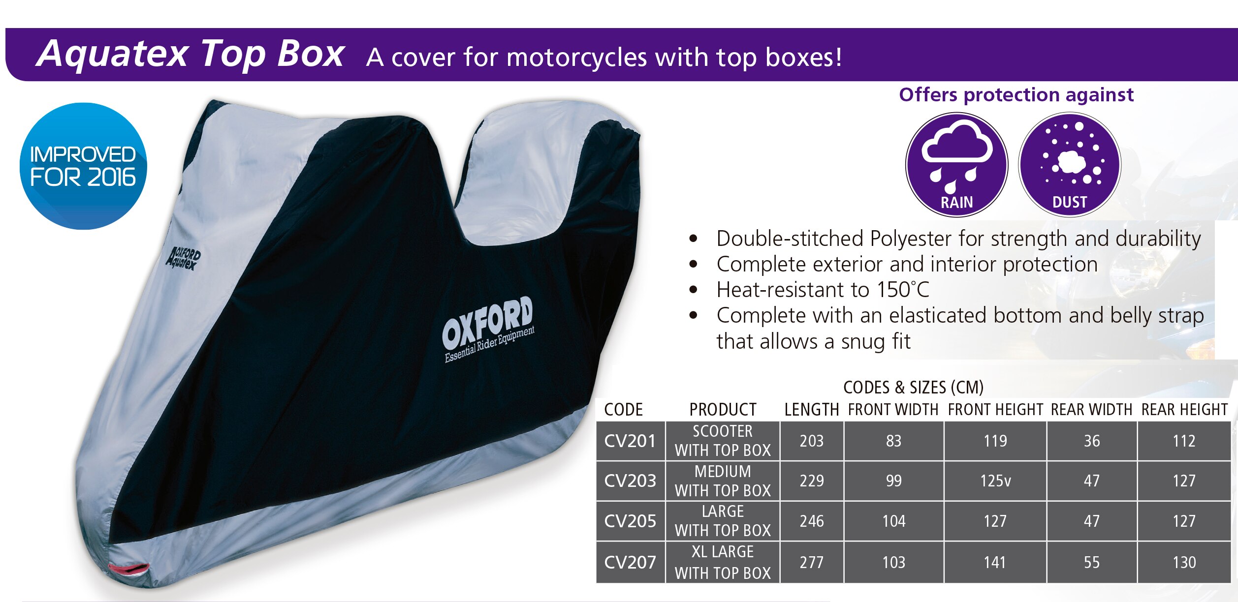 OXFORD AQUATEX CV201 CV203 CV205 CV207 - CUBIERTA FUNDA MOTO PROTECCION LLUVIA SOL MOTOCICLETA C/PORTACASCO TOP BOX 4 TALLAS