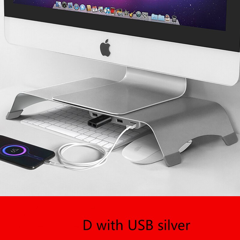 Monitor Holder Laptop TV PC Monitor Stand Aluminum Alloy Computer Mount Monitor Bracket Home Office PC Desktop Monitor Riser: D with USB silver