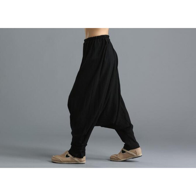 Pantalones bombachos de lino para hombre, pantalón bombacho informal de viaje, con entrepierna grande fluida, color negro y rojo, India, Nepal, novedad