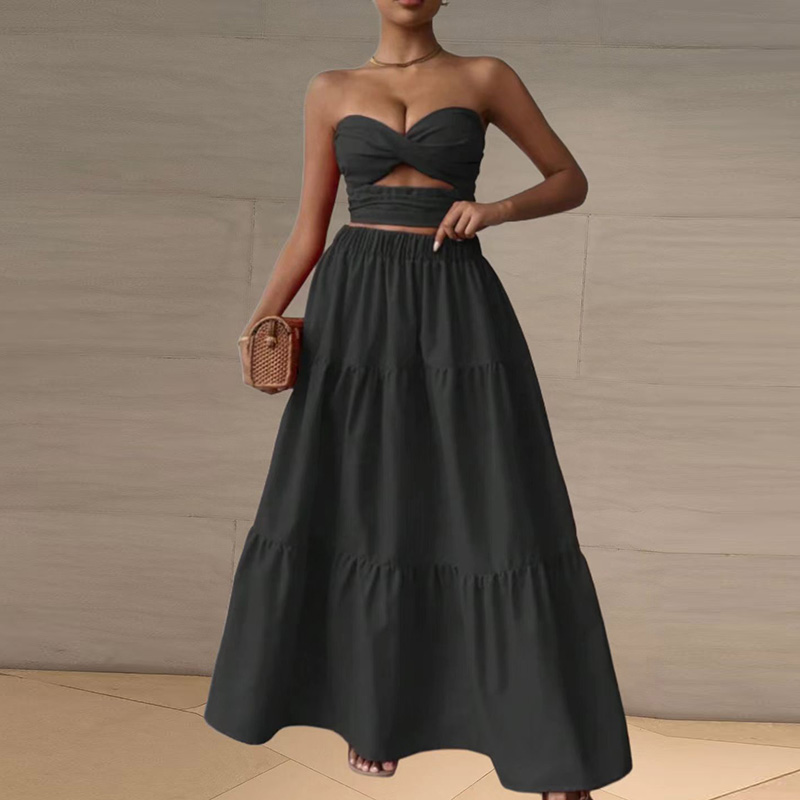 Sommer højtaljede nederdele 2 -delte sæt off-shoulder printet pasform outfits temperament hule ud camisole kvinder sæt: L / Beige