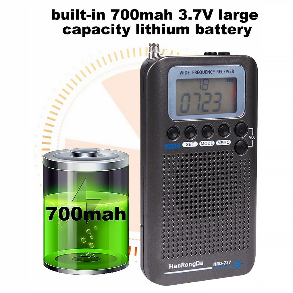 Portable Radio Aircraft Band Receiver FM/AM/SW/ CB/Air/VHF Radio World Band With Rechargeable LCD Display Alarm Clock