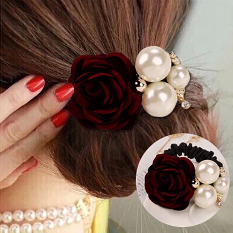 Faixa de cabelo em cetim com rosas, laço de borracha elástico, feminino, faixa de cabelo, rabo de cavalo, borracha