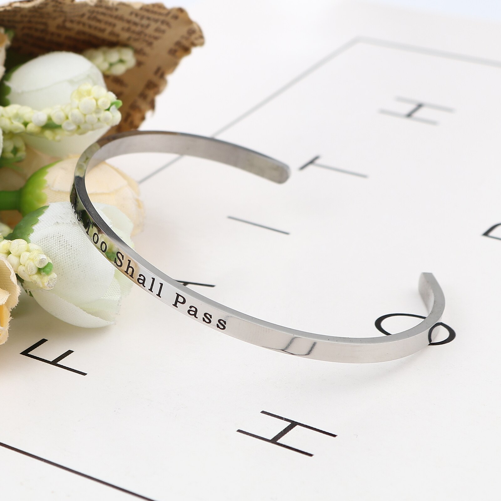 Bracelets à manchette ouverte en acier inoxydable 304, Message de couleur argent, "cela aussi passe" 17cm(6 6/8 ") de long, 1 pièce