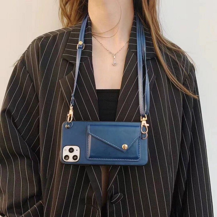 Portefeuille-style étui de téléphone portable sac IPhone11pro carte cuir messager corde adapté pour IPhone X XR XS Max coque de téléphone sac à main: Bleu