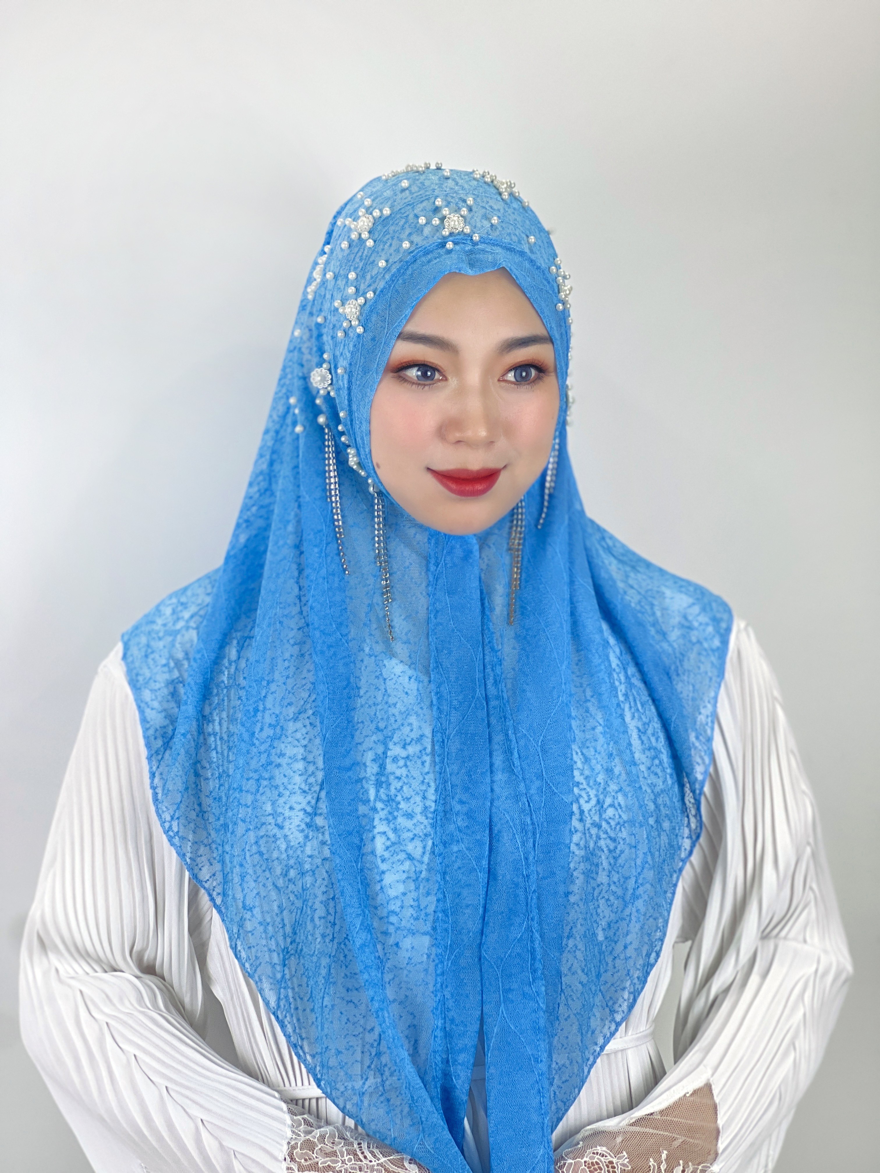 chapeau africain femme epingle hijab voile chretien Hijab à pampilles florales islamiques, Hijab Abaya, Texture de feuilles perlées, écharpe pour femmes, bandeau musulman, châle instantané, turquie: BLEU CIEL