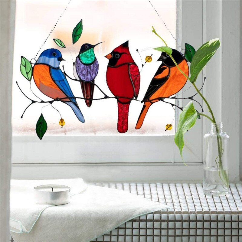 Mini Stained Bird Window Hangings Home Decor Birds Ornaments Wall Hanging Room Accessories for Bird Lover Mothers Day: plastic 4 birds