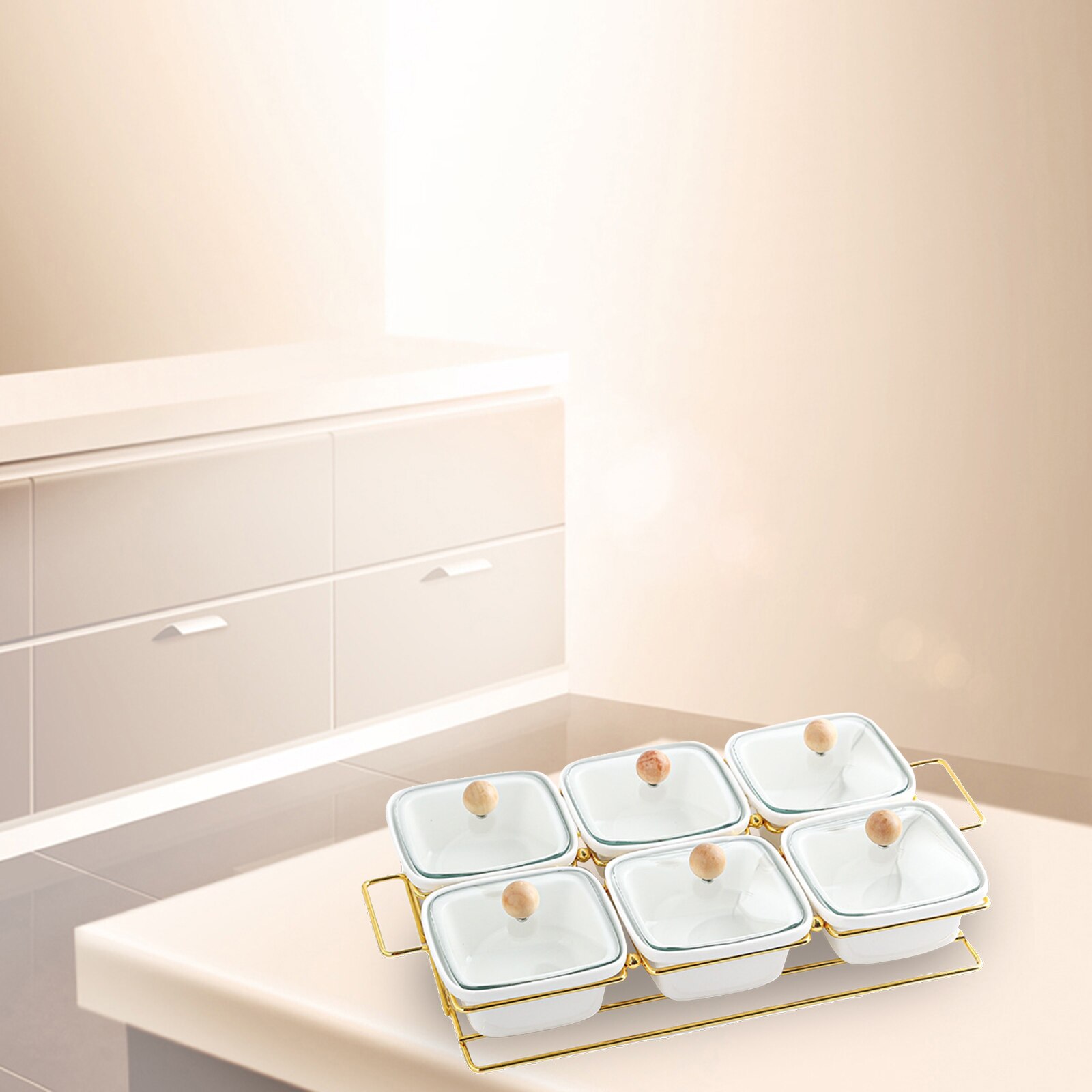 Ceramic Snacks Platter Glass Lid Moisture-proof Serving Bowl Divided Metal Rack for Nuts Candy Desserts: 6 grid white