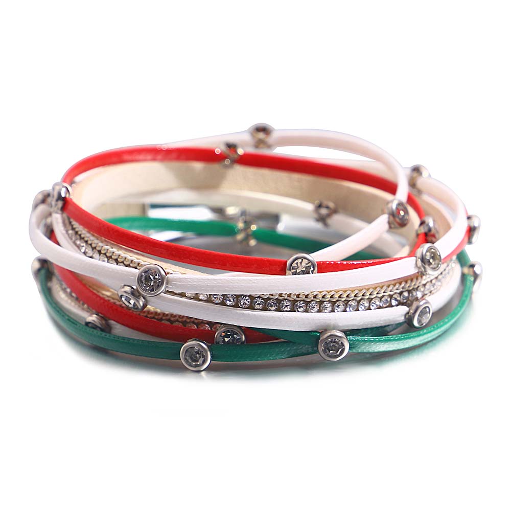 ALLYES, pulseras de cuero con cuentas de cristal Vintage para mujeres y hombres, cadena larga bohemia, pulsera envolvente multicapa, de joyería: Rodio plateado