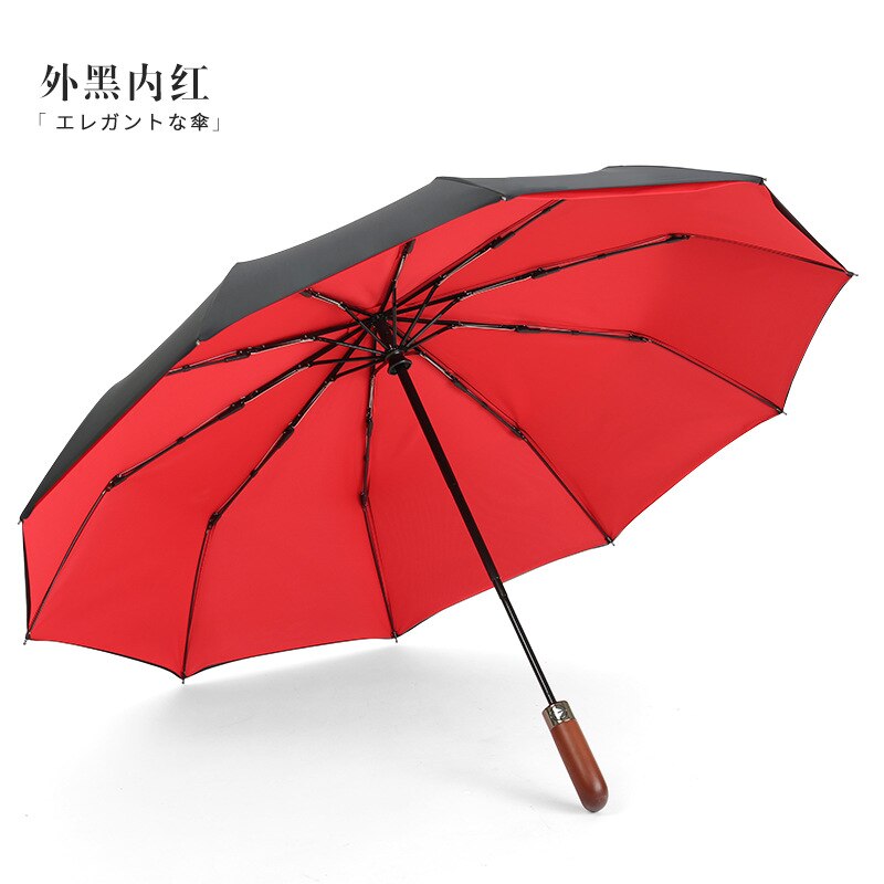 Fuldautomatisk 10- ben vindtæt massivt træhåndtag regnfuld paraply tre gange mænds forretningsparaply: 01