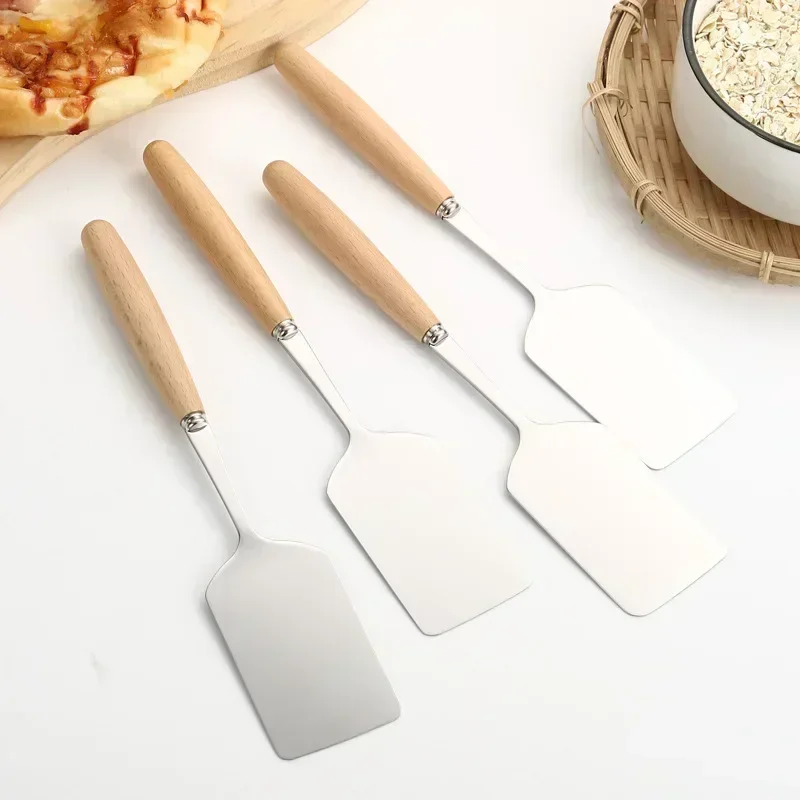 Espátula para cocinar carne con cabeza cuadrada de acero inoxidable, mango de madera, pala para Pizza, rascador de carne y panqueques, utensilios para barbacoa para Cocina
