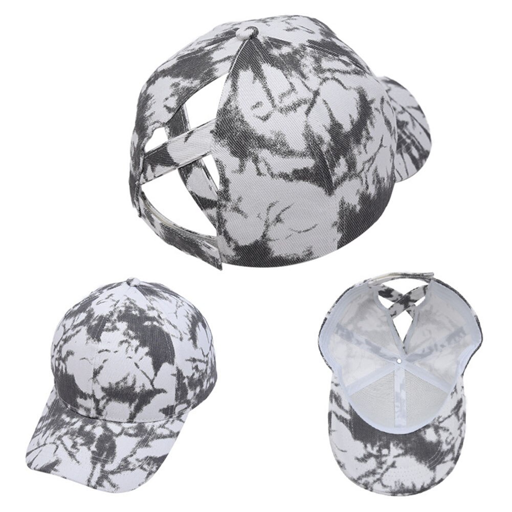 Women Summer Portable Cotton Blend Baseball Cap Outdoor Sports Casual Travel Tie Dye Adjustable Criss Cross Ponytail: White Grey