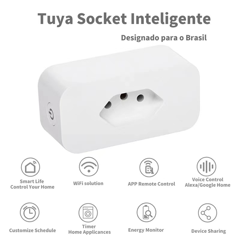Tuya 16A Brazil Standard WiFi Smart Plug with Power Monitor Smart Life APP Smart Socket Voice Work for Google Home Alexa