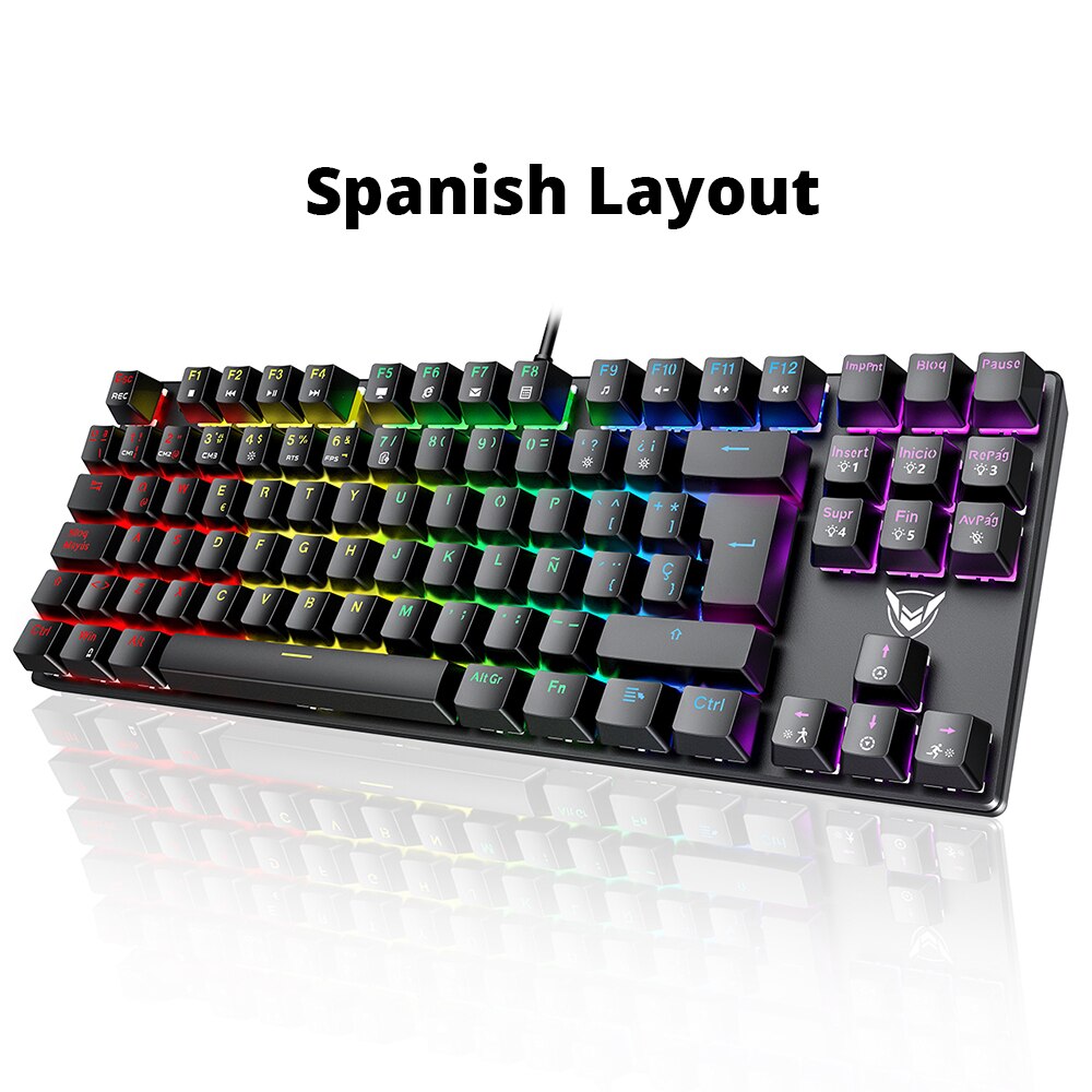 PICTEK PC244 Wired Gaming Keyboard Mechanical keyboard RGB LED Backlit USB Blue Switch 87 Keys Keycaps For Computer PC Gamer: Spanish Layout