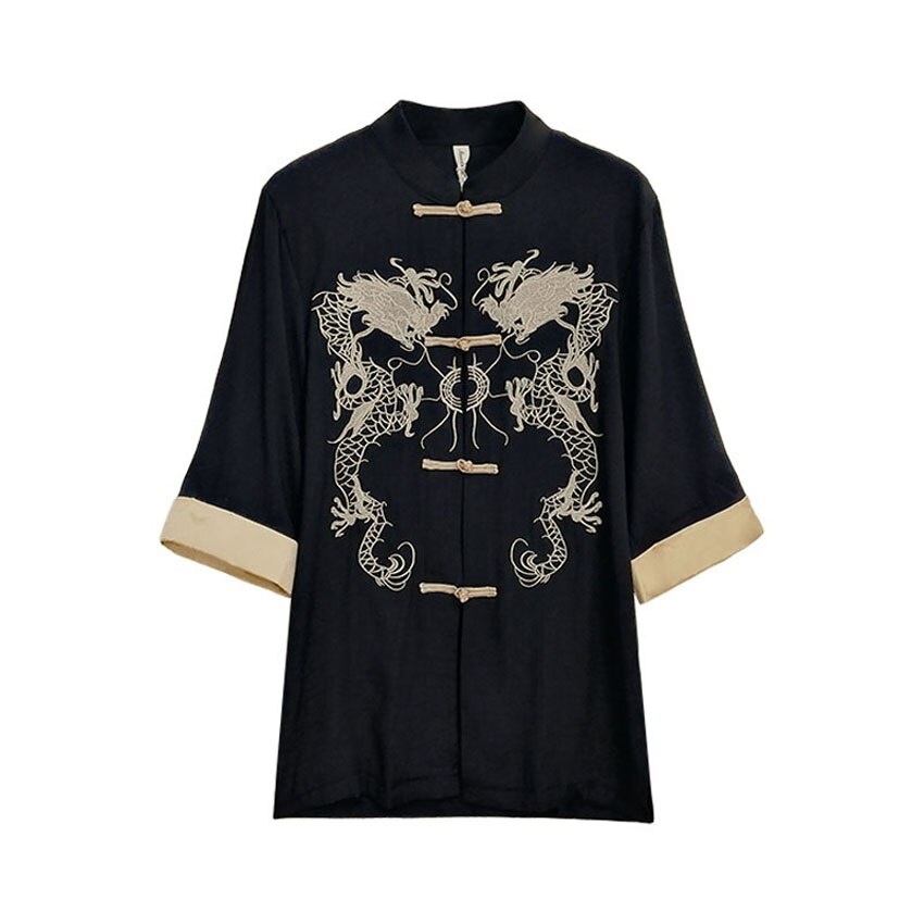 Black Gothic Tang Suit Jurk Voor Meisjes Vrouwen Chinese Traditionele Blouse Single Breasted Dragon Borduren Jasje: Default Title