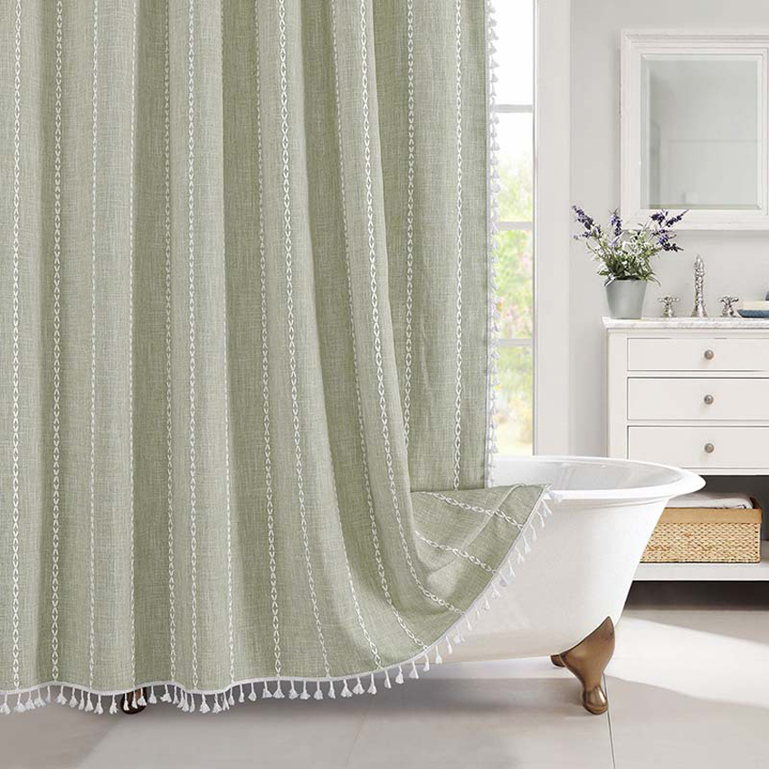 Jacquard-Leinen-Duschvorhang mit Quasten, nordische wasserdichte dicke Badvorhänge für Badezimmer, Badewanne, Badeabdeckung mit Haken: 180*210cm / Grün