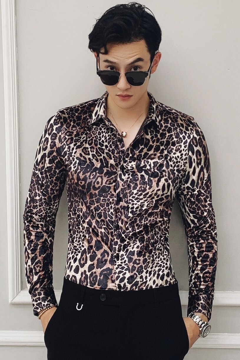 Leopardtrykt herre flannel skjorter festkjole klub outfits slim fit britisk tøj stilfulde skjorter herre fløjl skjorter