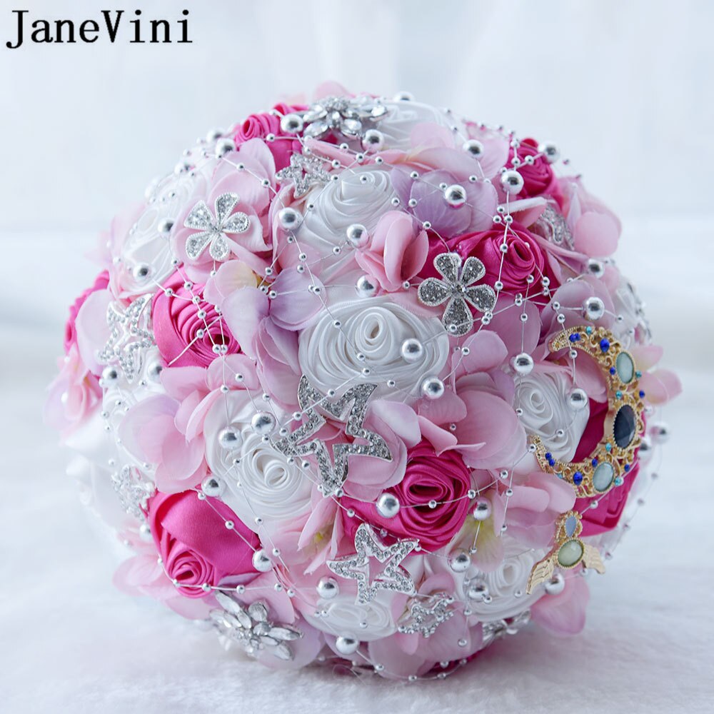 Janevini bling bling rhinestone lyserøde blomster luksus stjerner brude smykker kunstig hortensia krystal måne bryllup buket