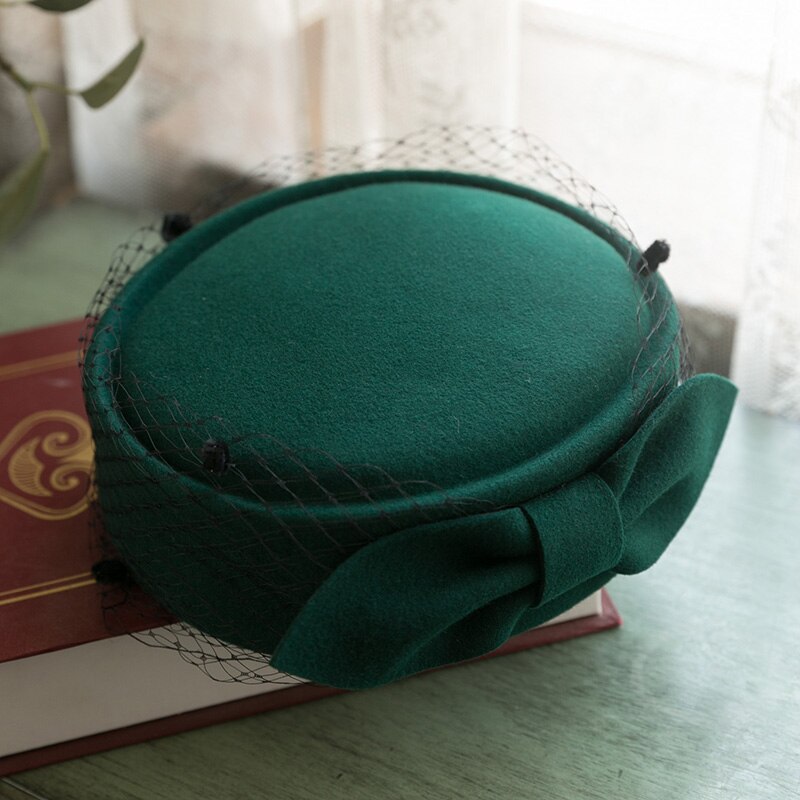 Britse Bloem Baret Cap Vrouwen Pure Wolvilt Fedora Wit Groen Dot Gezicht Sluier Bunker Wol Tovenaar Vrouwen Cocktail Party hoed: 2