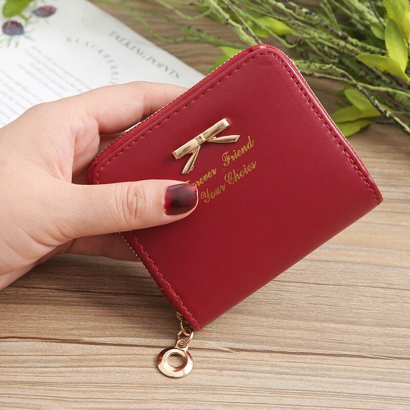 Korean Ladies Coin Purse Simple Bow Coin Purse Zipper Small Purse Short Coin Purse Card Holder: Burgundy