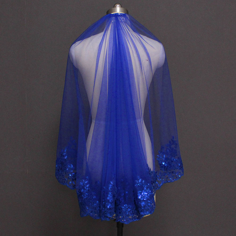Velo de novia corto de encaje de lentejuelas ostentosas de color azul real, hermoso velo de novia de una capa, accesorios de novia, novedad