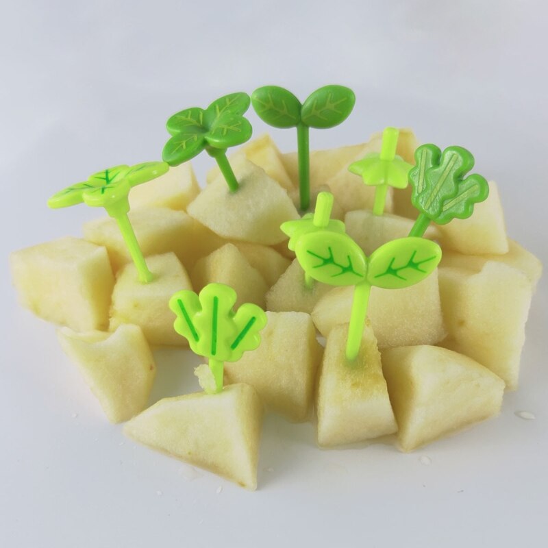 Set Van 8 Mini Vork Groene Planten Vormige Fruit Vork Snack Cake Dessert Fruit Tandenstokers Voor Keuken Partij Decoratie