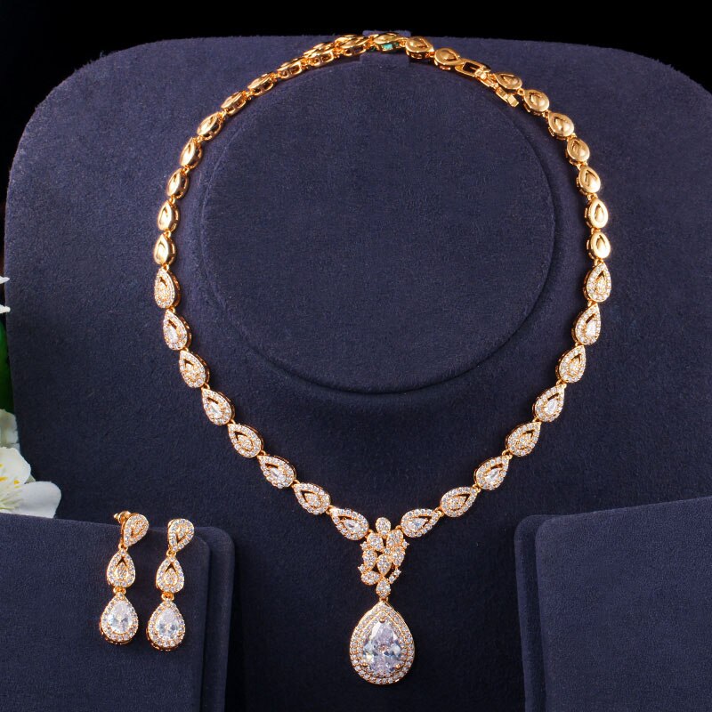 CWWZircons, preciosa circonita cúbica de gota de agua 585, collar y pendientes de oro para mujer para de boda, conjunto de joyería de lujo para novia T405: Default Title