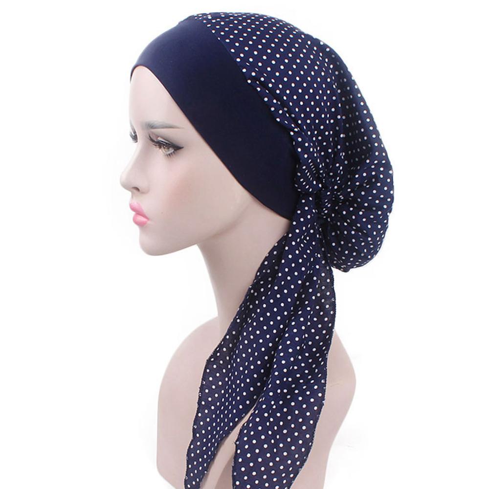 Kvinders kemo hat turban hoved tørklæder forbundet hovedbeklædning bandana elastikbånd blødt: Blå prik