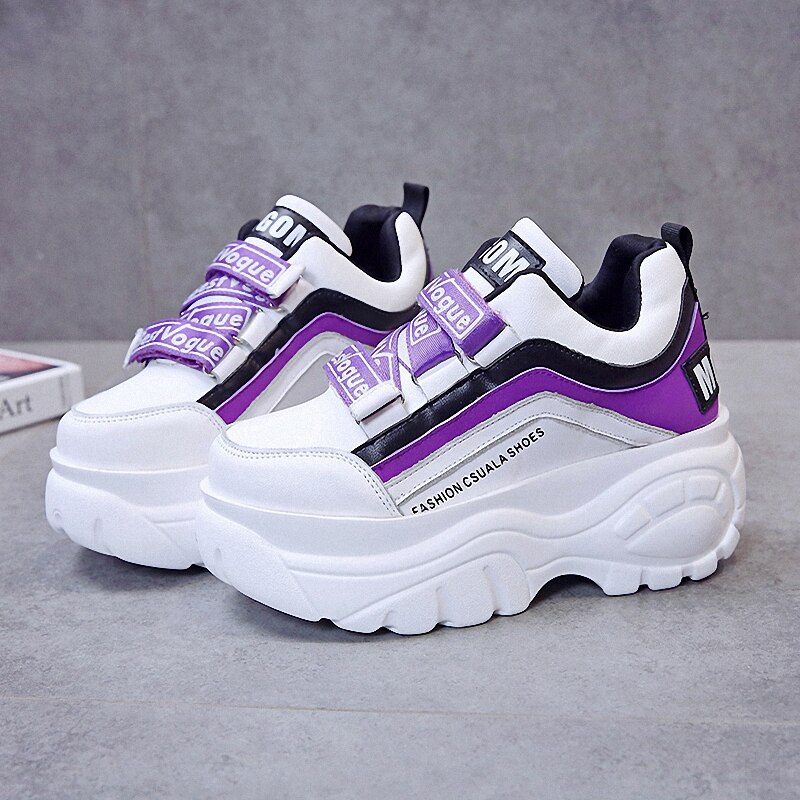 Women's Platform Sneakers - 7cm Heel Height - PU Leather - Lace-Up - Height Increasing Sport Shoes