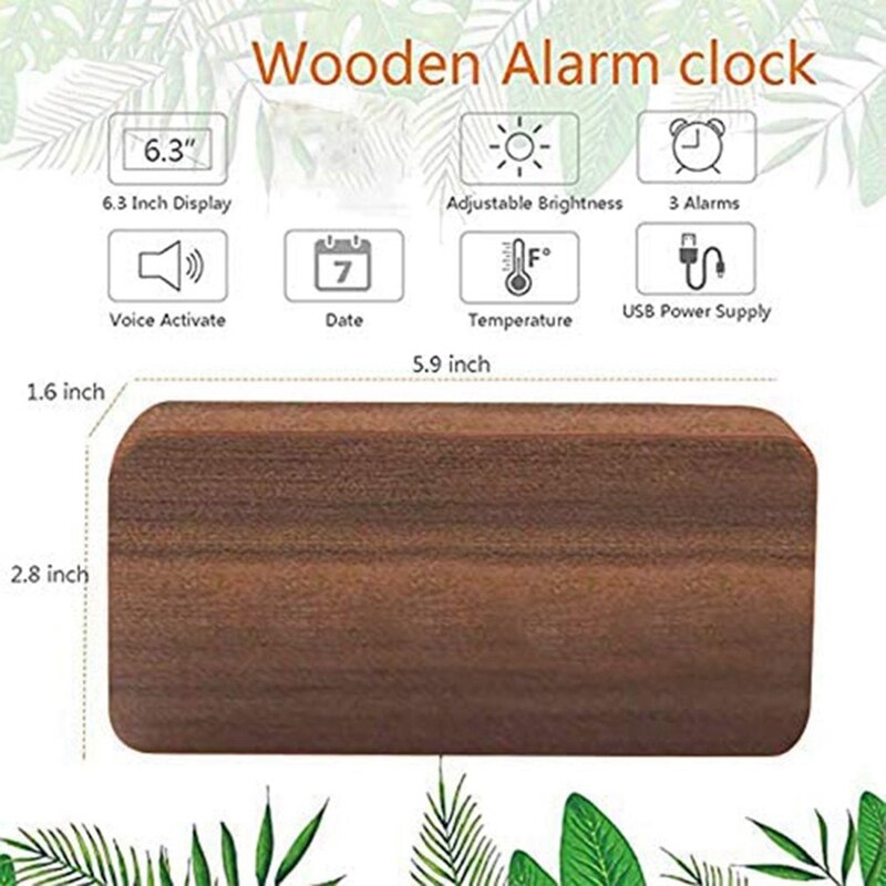Multifunctionele led houten elektronische wekker met gedempte temperatuur, wekker met dubbel display, usb-wekker