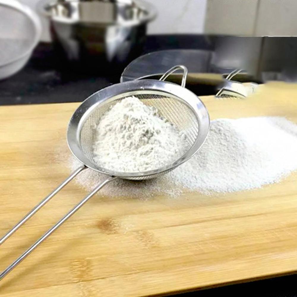 Tamiz de harina de mano con mango de acero inoxidable, herramienta de horneado con filtro Manual de celosía de aceite tipo múltiple