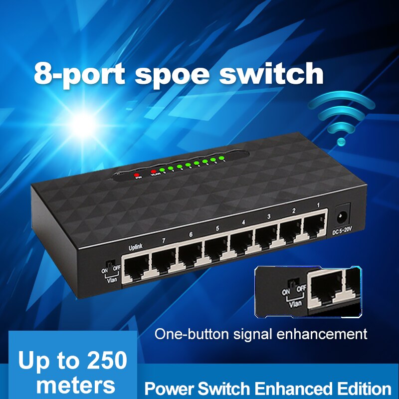 8 Port 10/100Mbps SPOE Fast Ethernet Network Switch Lan Hub Ethernet Smart Switcher for NVR Router Support 5-60V Power Supply