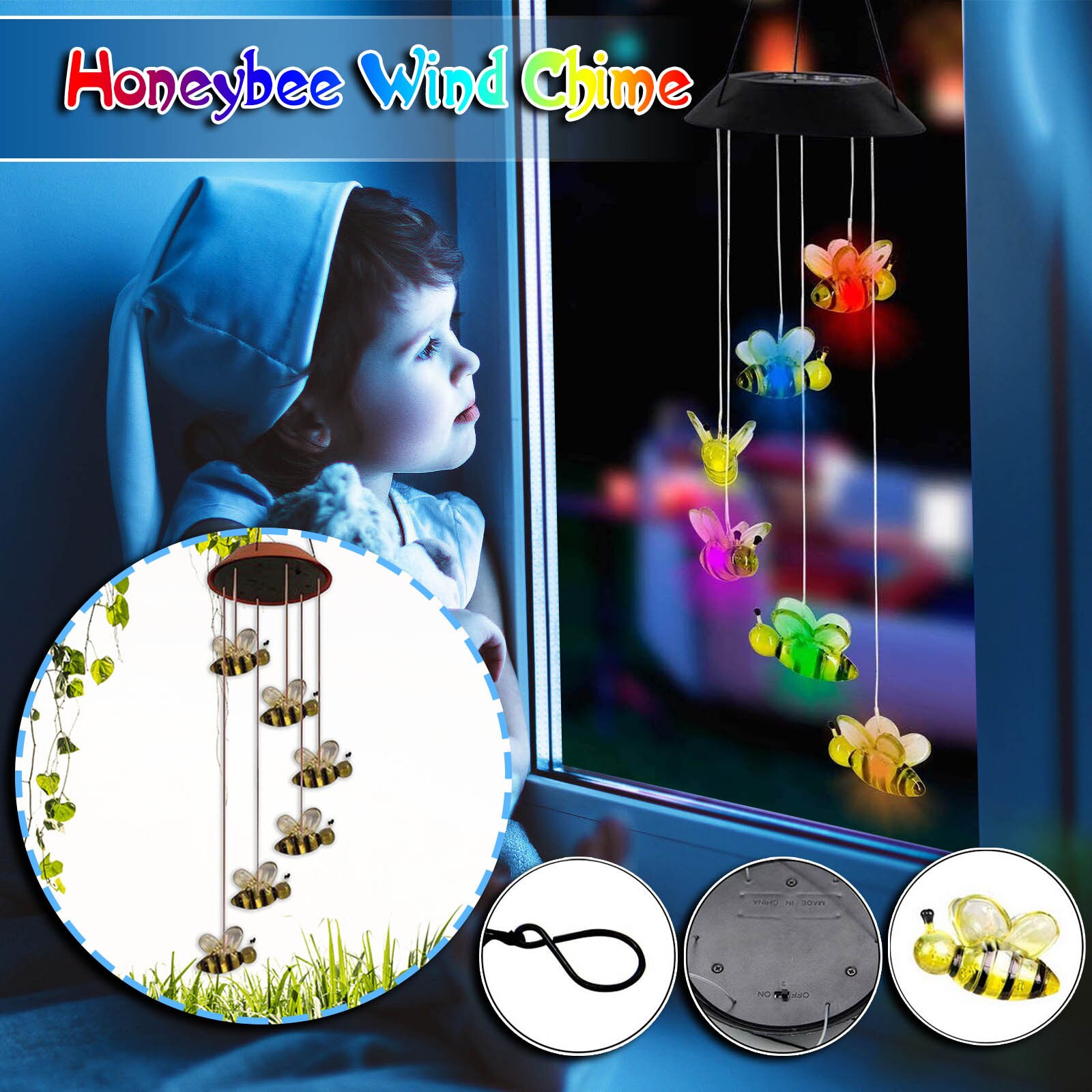 Color-changing Outdoor Pendant Bell Solar Powered Lamp Bee Wind Chime LED Light Solar bee Toy decorative wind chime