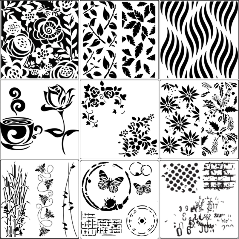 Pochoir de peinture à l&#39;aérographe, 9 pièces, bricolage, murs artisanaux, Art, Scrapbooking, estampage d&#39;album, ornements de maison, carreaux en bois, tissu