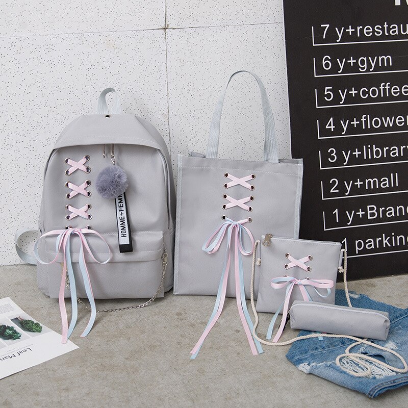 4Pcs/Set Ribbon Chain Bowknot Letter Mochila Canvas Backpack Travel Rucksacks Leisure Backpacks For Teenage Girls School Bagpack