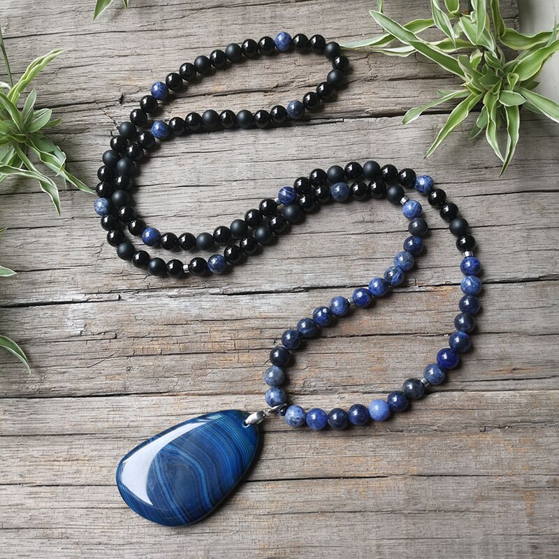8mm sodalit mala perler, blå og sort halskæde, bøn mala halskæde, meditationssmykker, unisex mala, yoga  ,108 mala perler: Mørkt guld
