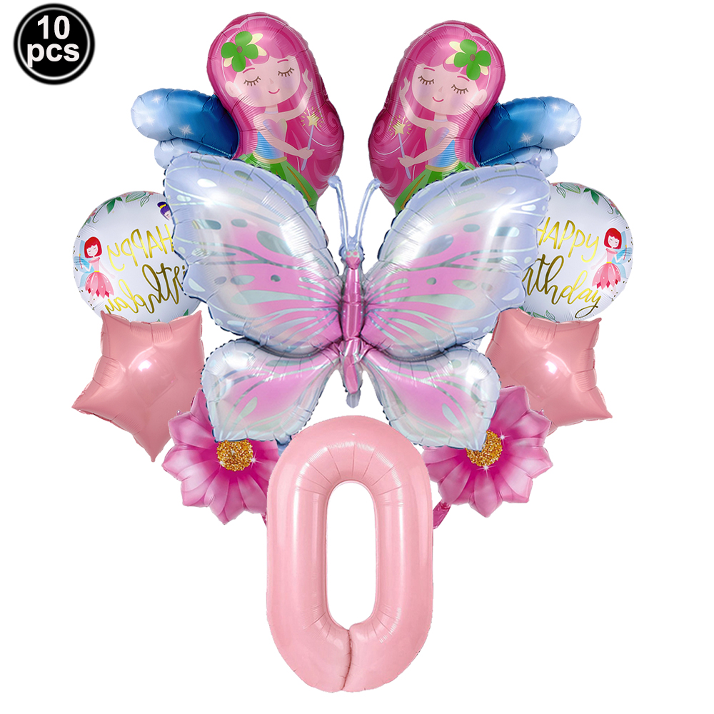 Juego de globos de hadas y flores, globos de mariposa, decoraciones de 1 a 9 cumpleaños para niñas, suministros de decoración para de cumpleaños con tema de mariposa