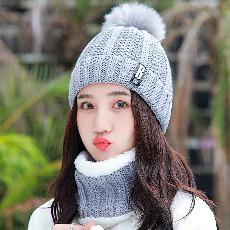 Neck warm Balaclava knitted winter hat Big Fur pom poms ball Knitted hats scarf set women Beanie Hat thick Skullies female cap